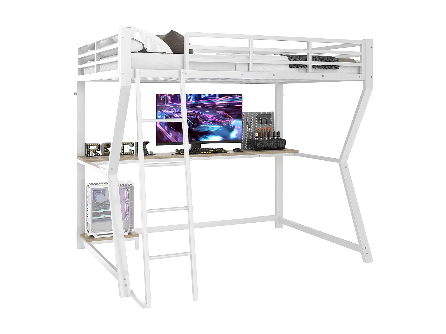 Lit mezzanine 90x200 cm en métal blanc, avec LED, bureau, étagère pour console, prise et ports USB, garde-corps et escalier