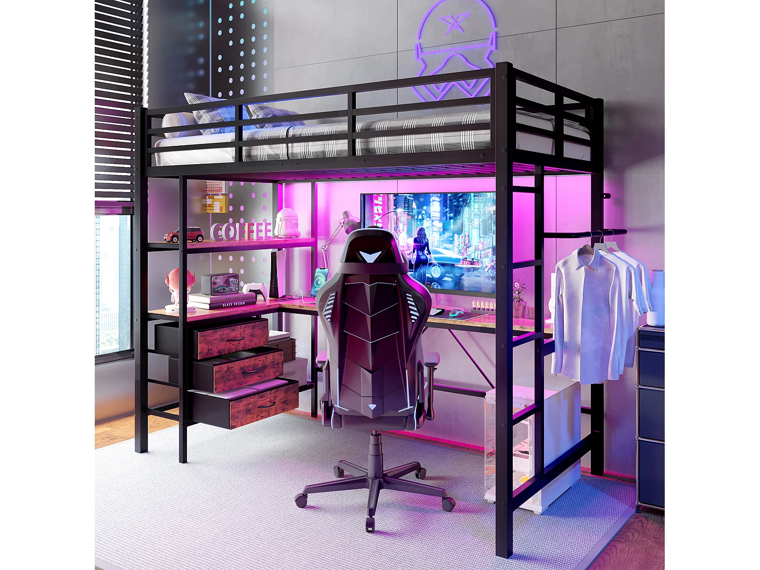 Lit mezzanine 90x200 cm en métal noir, avec LED, bureau, 3 tiroirs, étagères, prise USB, garde-corps et escalier intégré