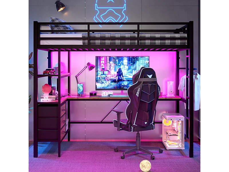 Lit mezzanine 90x200 cm en métal noir, avec LED, bureau, 3 tiroirs, étagères, prise USB, garde-corps et escalier intégré