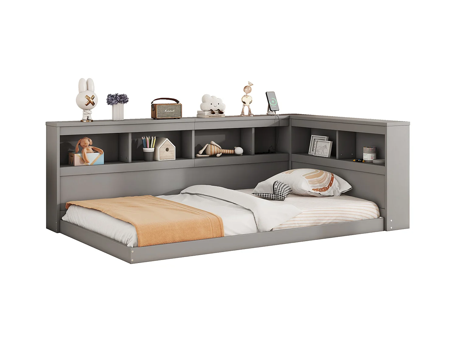 Canapé-lit 90x200 cm en panneaux de particules, avec prise et 2 ports USB, sommier inclus, structure robuste, gris