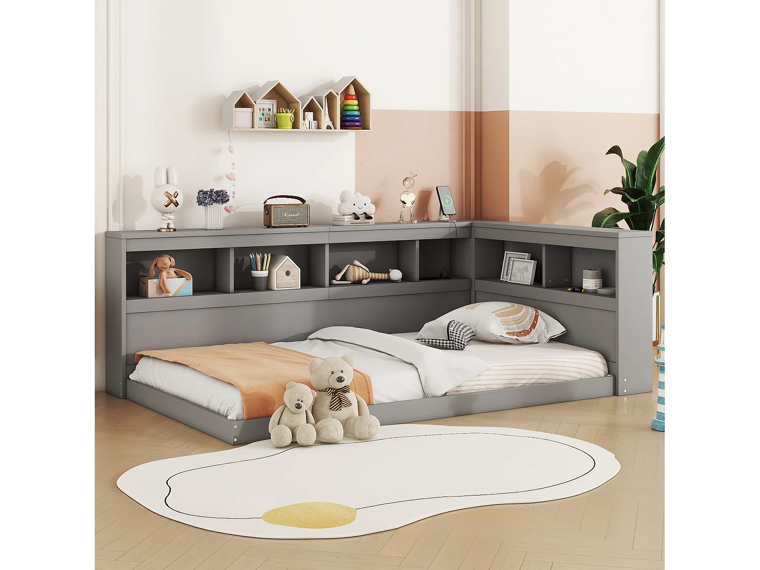 Canapé-lit 90x200 cm en panneaux de particules, avec prise et 2 ports USB, sommier inclus, structure robuste, gris