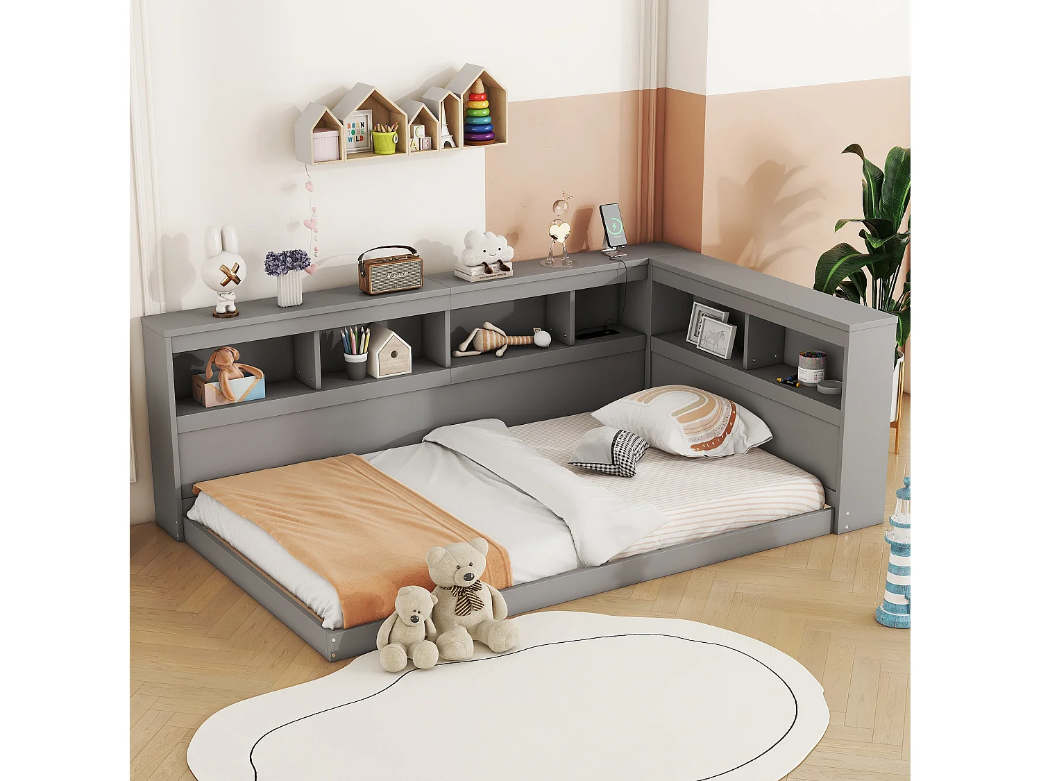 Canapé-lit 90x200 cm en panneaux de particules, avec prise et 2 ports USB, sommier inclus, structure robuste, gris