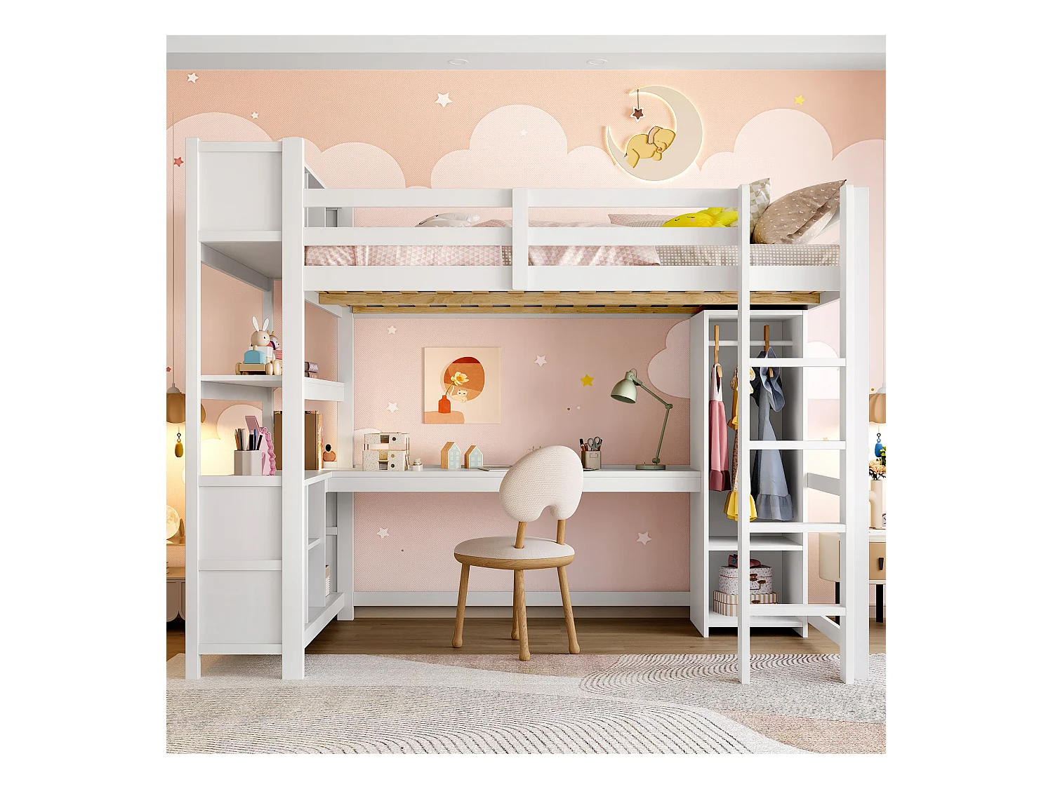 Lit mezzanine 140x200 cm avec étagères, plusieurs compartiments de rangement, bureau, armoire, sans matelas, Blanc