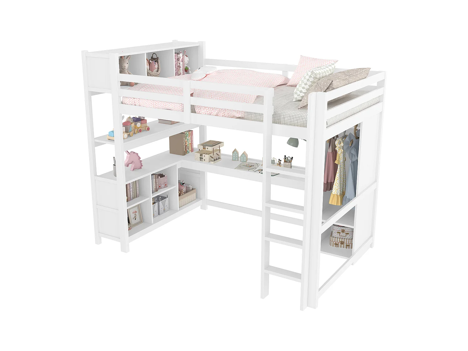 Lit mezzanine 140x200 cm avec étagères, plusieurs compartiments de rangement, bureau, armoire, sans matelas, Blanc