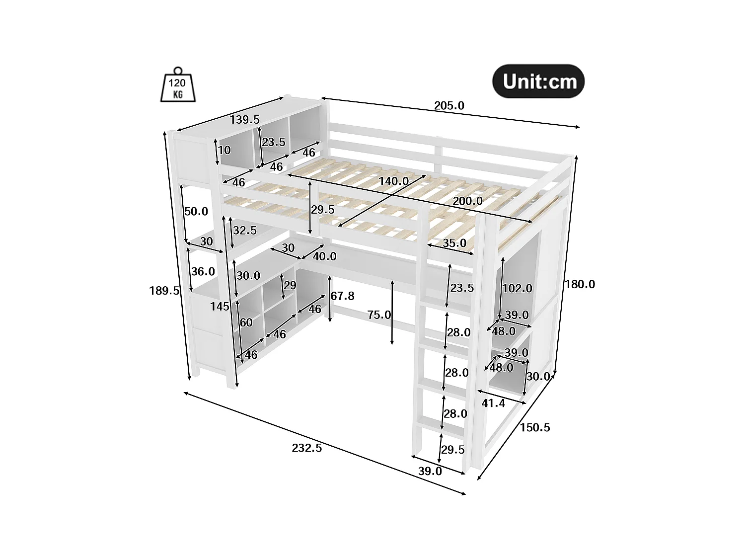 Lit mezzanine 140x200 cm avec étagères, plusieurs compartiments de rangement, bureau, armoire, sans matelas, Blanc