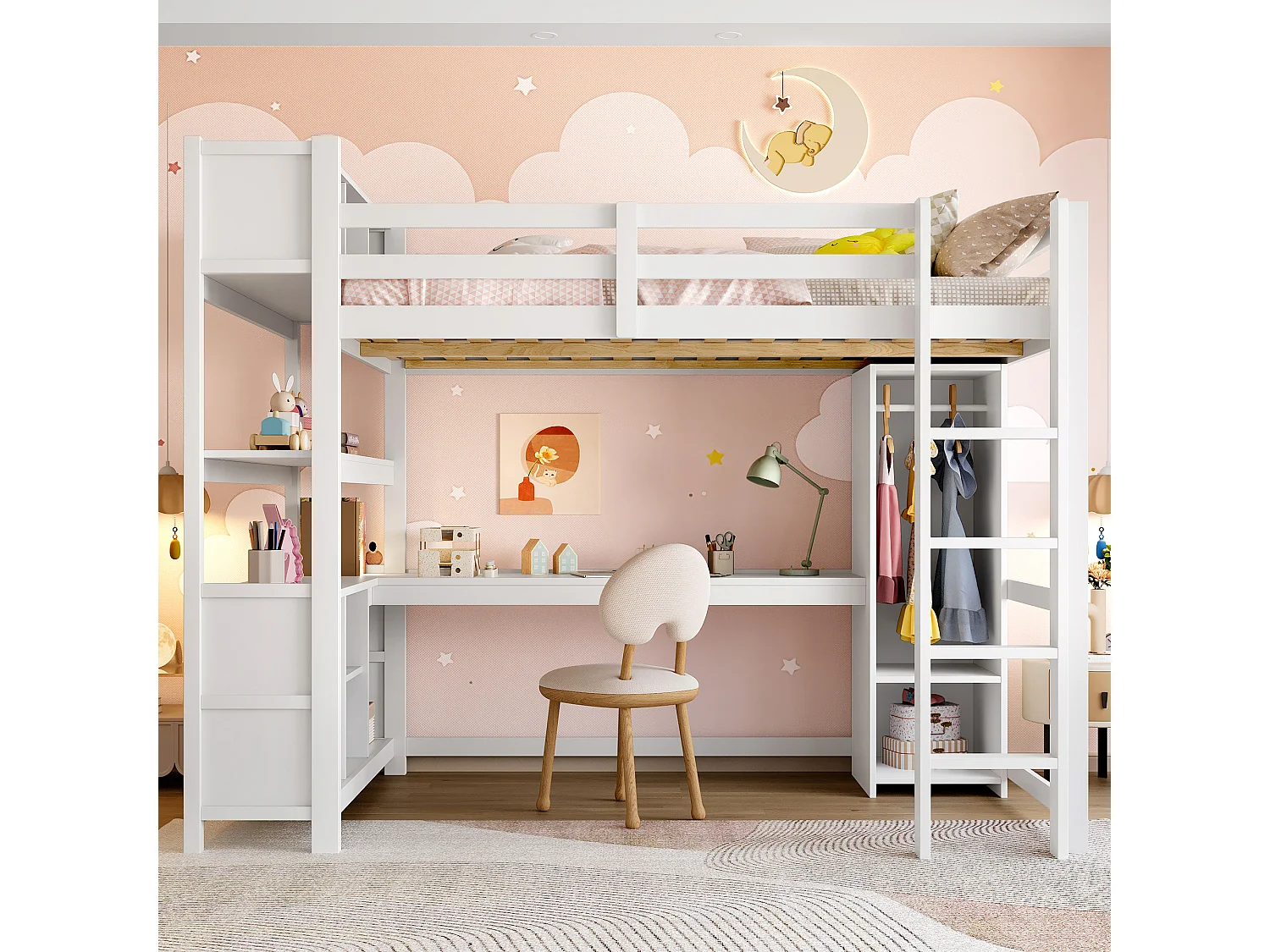 Lit mezzanine 140x200 cm avec étagères, plusieurs compartiments de rangement, bureau, armoire, sans matelas, Blanc