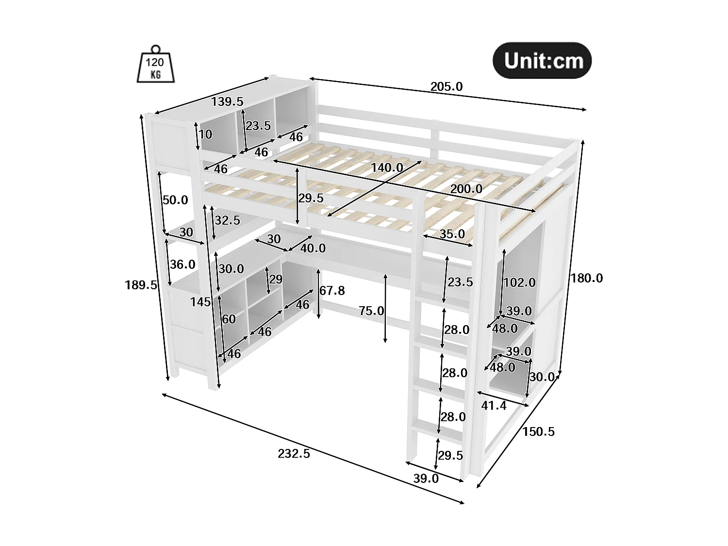 Lit mezzanine 140x200 cm avec étagères, plusieurs compartiments de rangement, bureau, armoire, sans matelas, Blanc