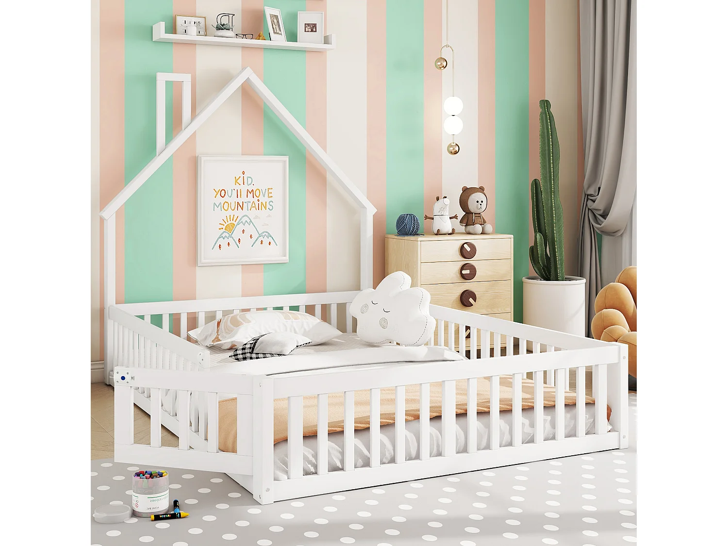 Lit enfant 140x190 cm avec forme cheminée, sommier (sans matelas), bois de pin, style minimaliste, Blanc