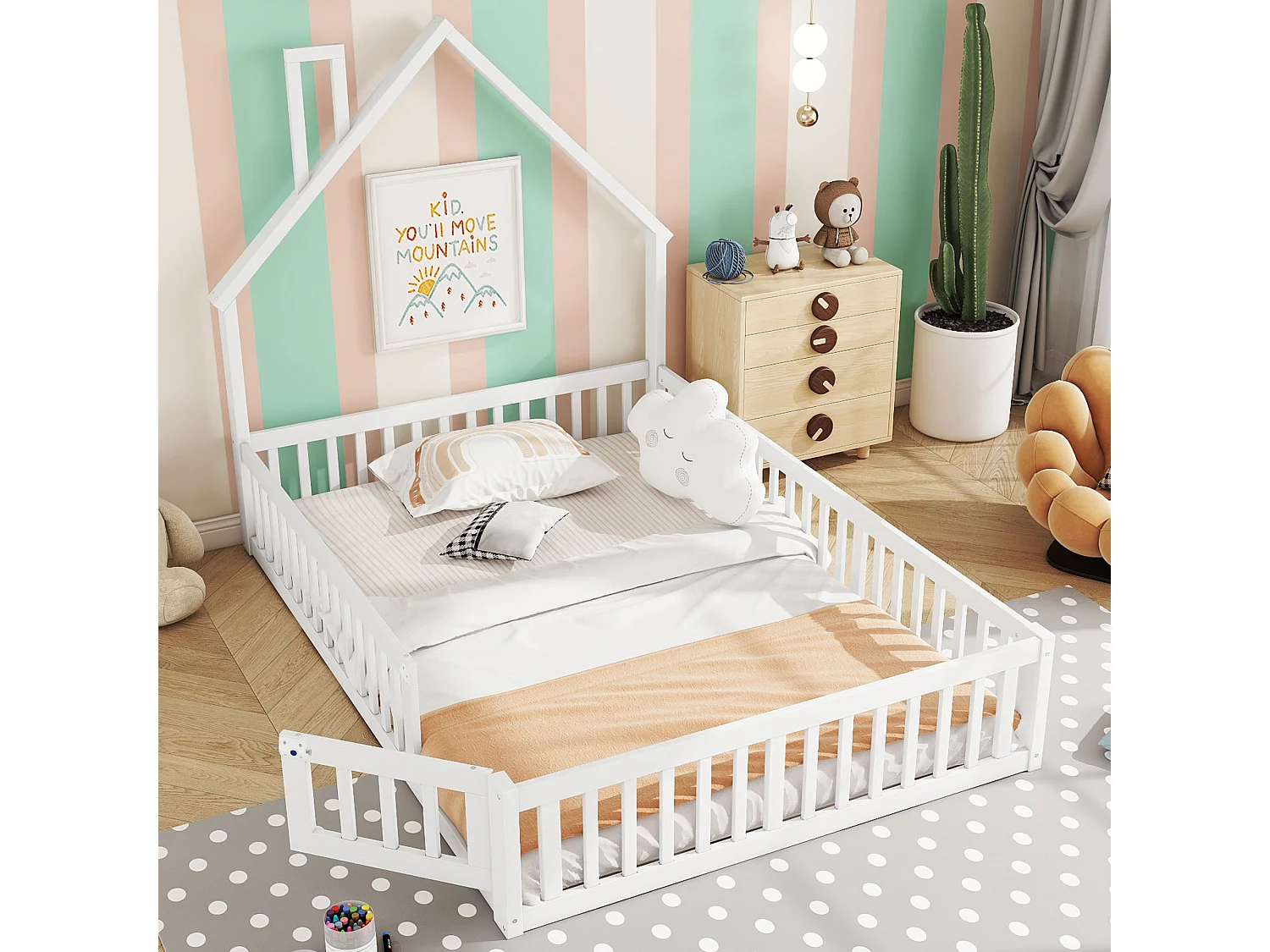 Lit enfant 140x190 cm avec forme cheminée, sommier (sans matelas), bois de pin, style minimaliste, Blanc