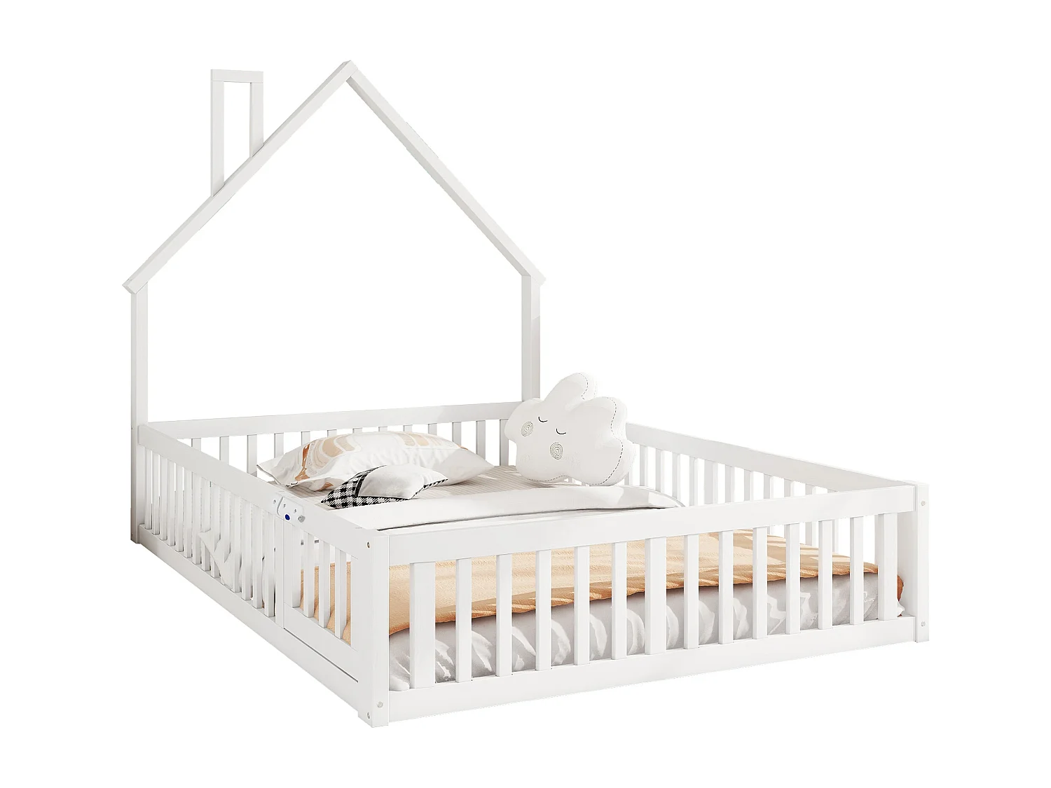 Lit enfant 140x190 cm avec forme cheminée, sommier (sans matelas), bois de pin, style minimaliste, Blanc