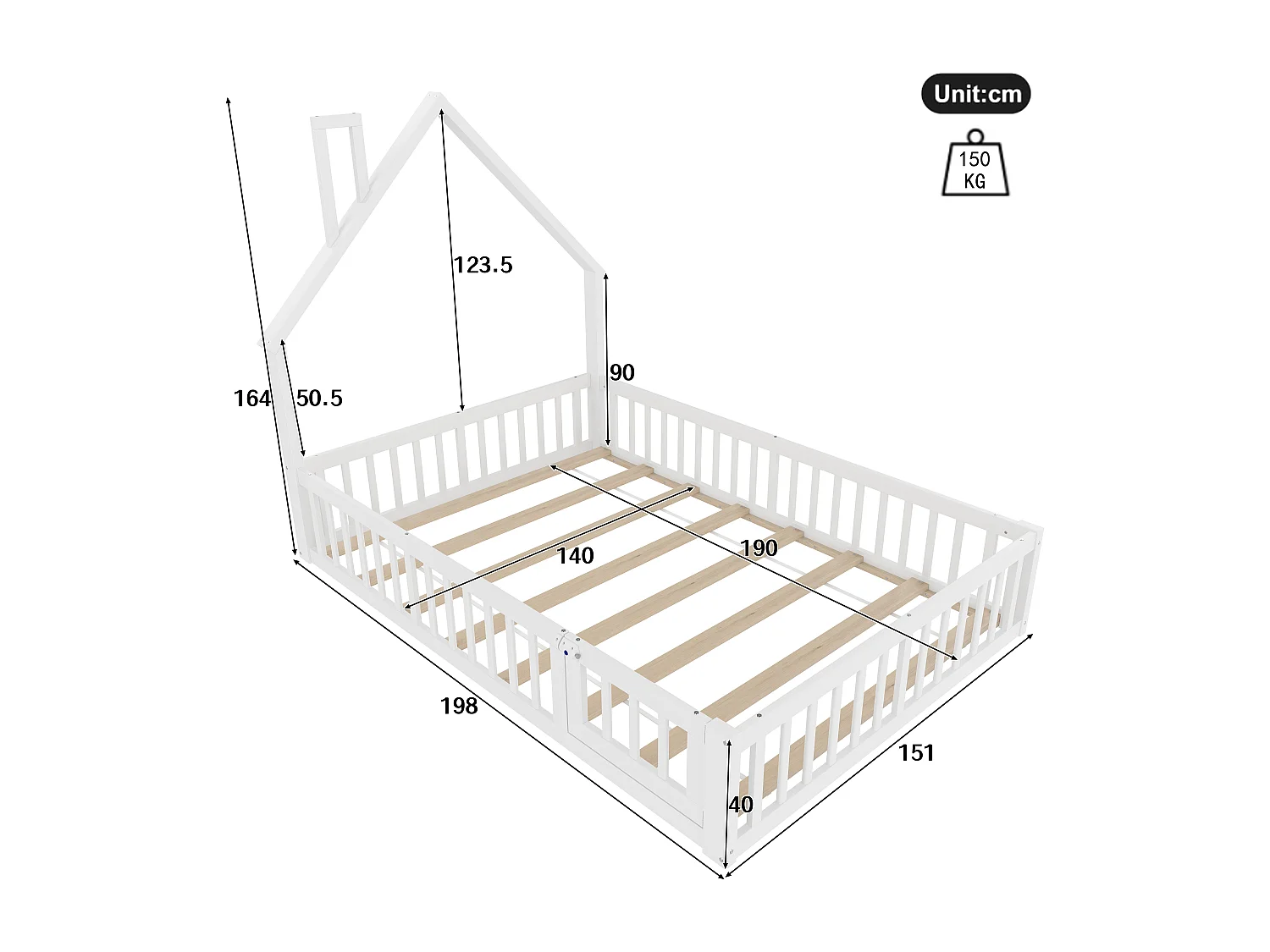 Lit enfant 140x190 cm avec forme cheminée, sommier (sans matelas), bois de pin, style minimaliste, Blanc