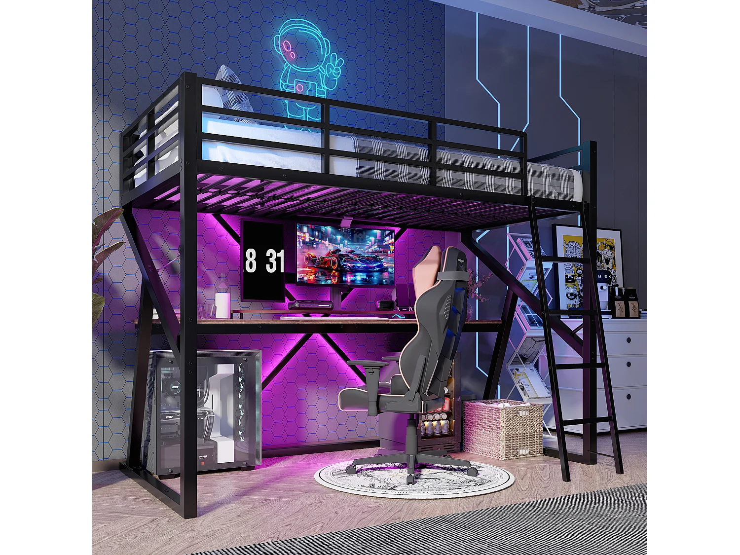 Lit mezzanine 90x200 cm en métal noir, avec bande LED, bureau, garde-corps et escalier intégré, sans matelas inclus