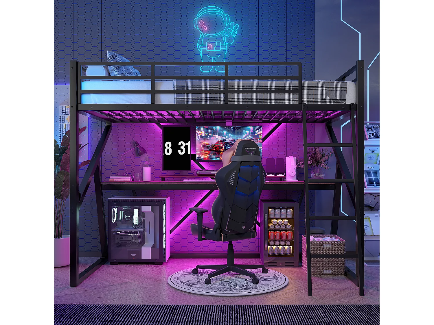 Lit mezzanine 90x200 cm en métal noir, avec bande LED, bureau, garde-corps et escalier intégré, sans matelas inclus