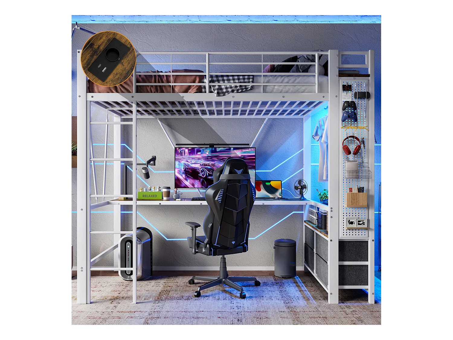 Lit mezzanine 90x200 cm, métal avec bureau, barre de séchage, étagères, 4 tiroirs, USB + Type-C, LED, échelle, sans matelas, Blanc