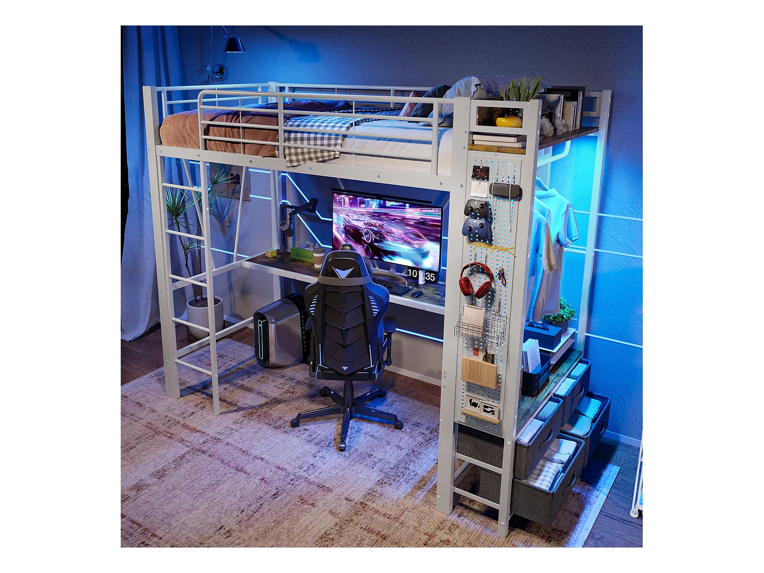 Lit mezzanine 90x200 cm, métal avec bureau, barre de séchage, étagères, 4 tiroirs, USB + Type-C, LED, échelle, sans matelas, Blanc