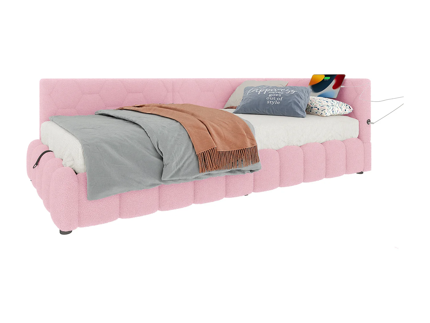 Canapé-lit 90x200 cm avec sommier, bande LED, levage hydraulique, ports USB et Type-C, tissu doux, ros