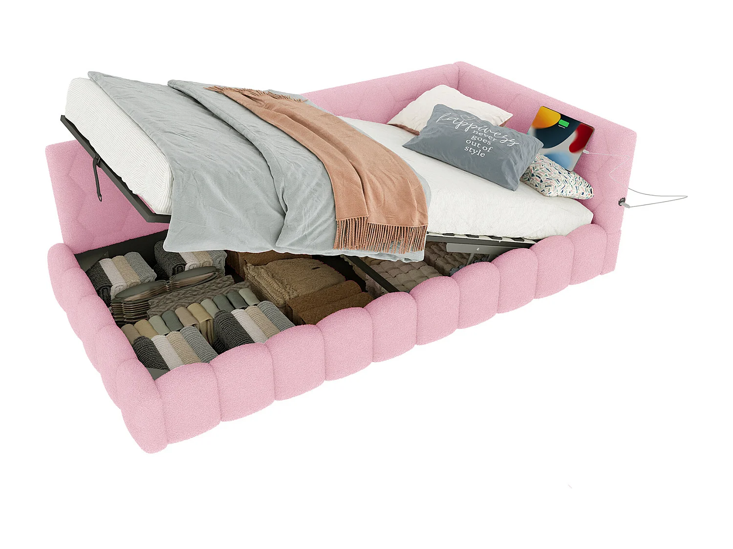 Canapé-lit 90x200 cm avec sommier, bande LED, levage hydraulique, ports USB et Type-C, tissu doux, ros