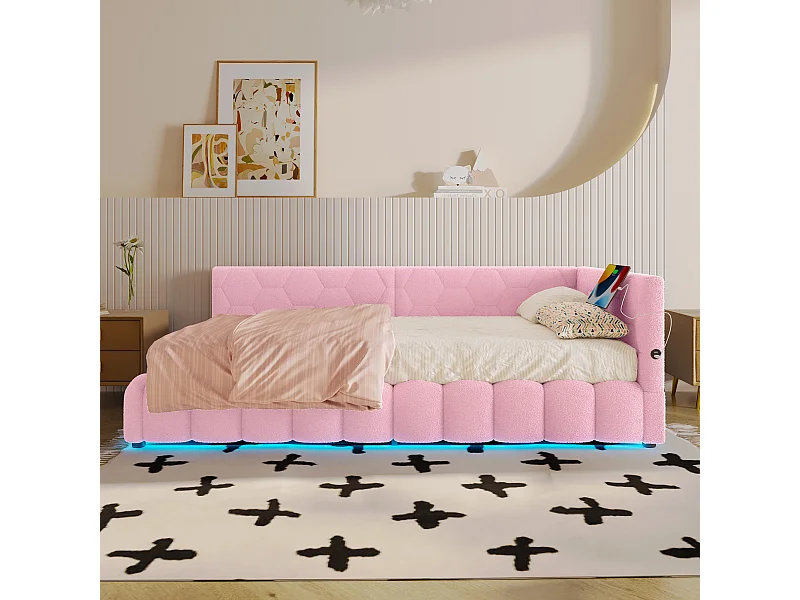 Canapé-lit 90x200 cm avec sommier, bande LED, levage hydraulique, ports USB et Type-C, tissu doux, ros