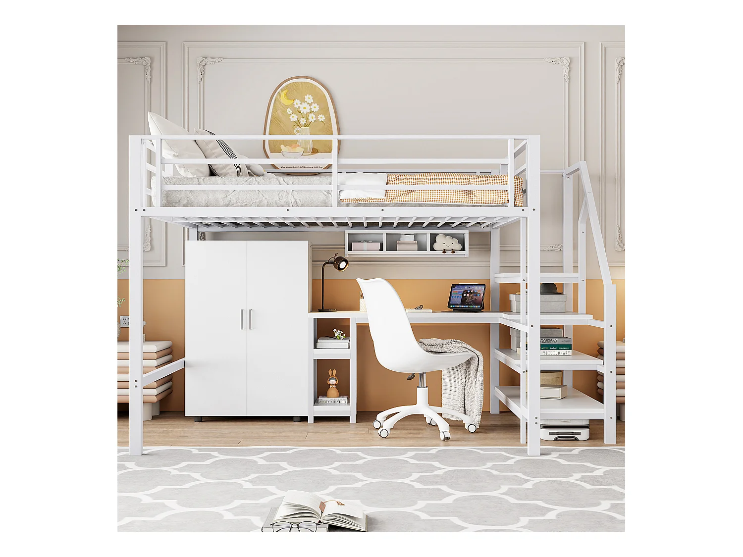 Lit mezzanine 140x200 cm en bois blanc, avec armoire, bureau, étagères et échelle latérale, sans matelas inclus