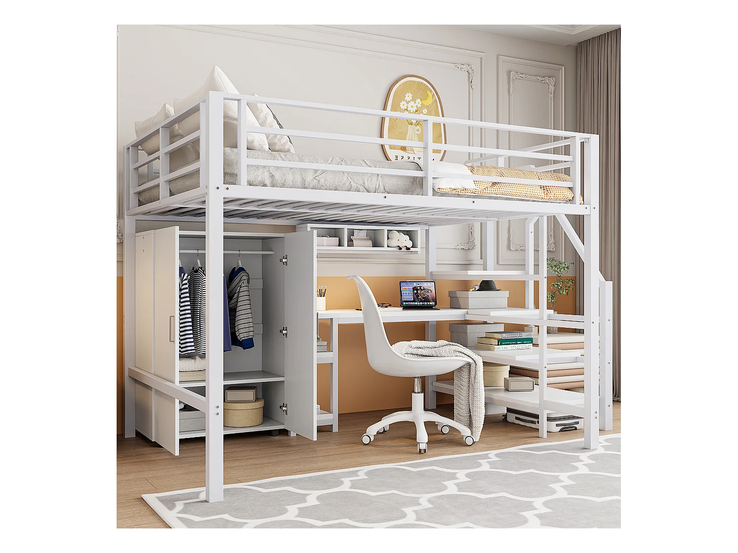 Lit mezzanine 140x200 cm en bois blanc, avec armoire, bureau, étagères et échelle latérale, sans matelas inclus