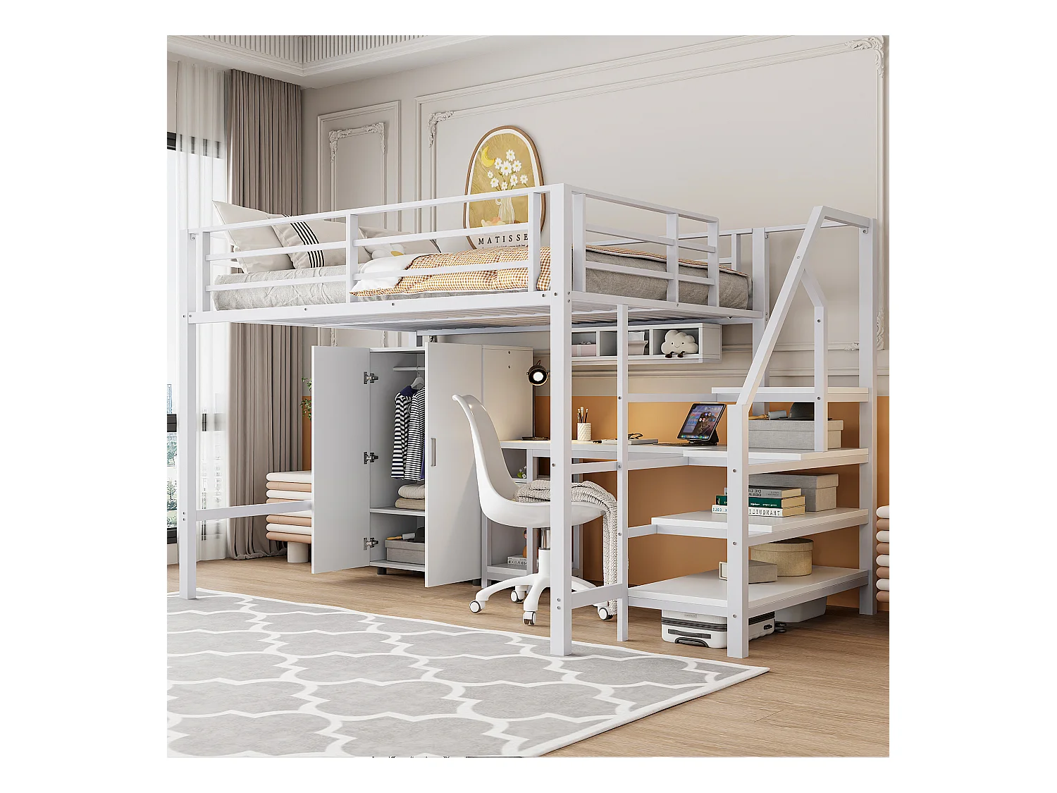 Lit mezzanine 140x200 cm en bois blanc, avec armoire, bureau, étagères et échelle latérale, sans matelas inclus