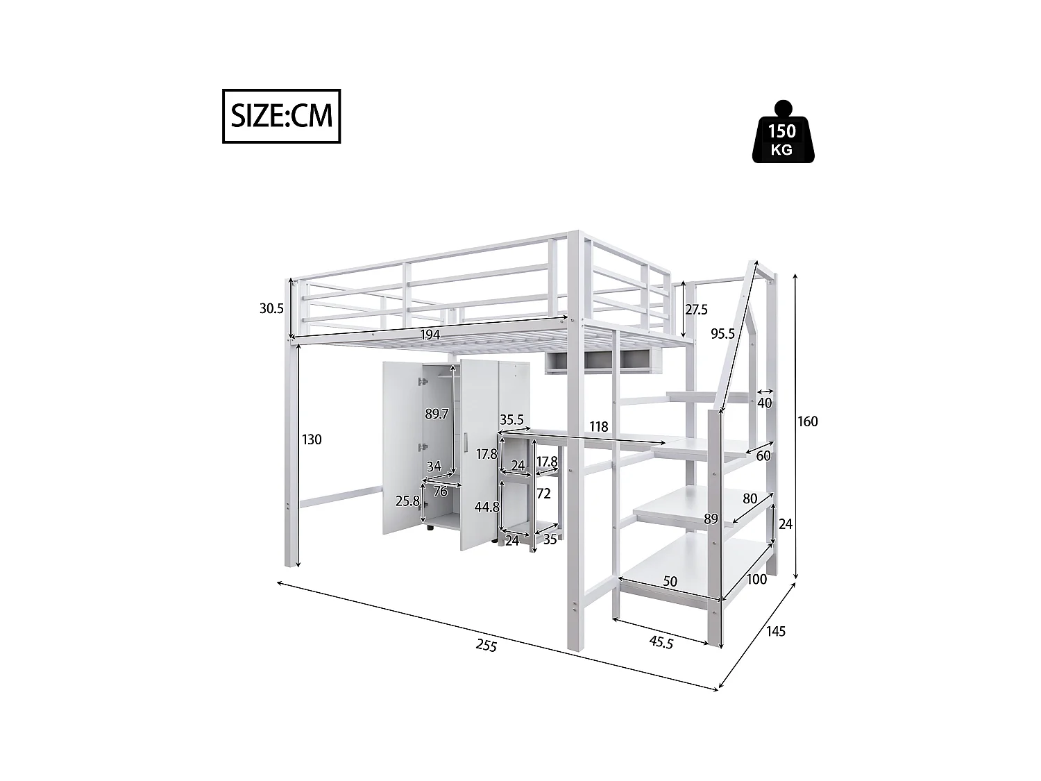Lit mezzanine 140x200 cm en bois blanc, avec armoire, bureau, étagères et échelle latérale, sans matelas inclus