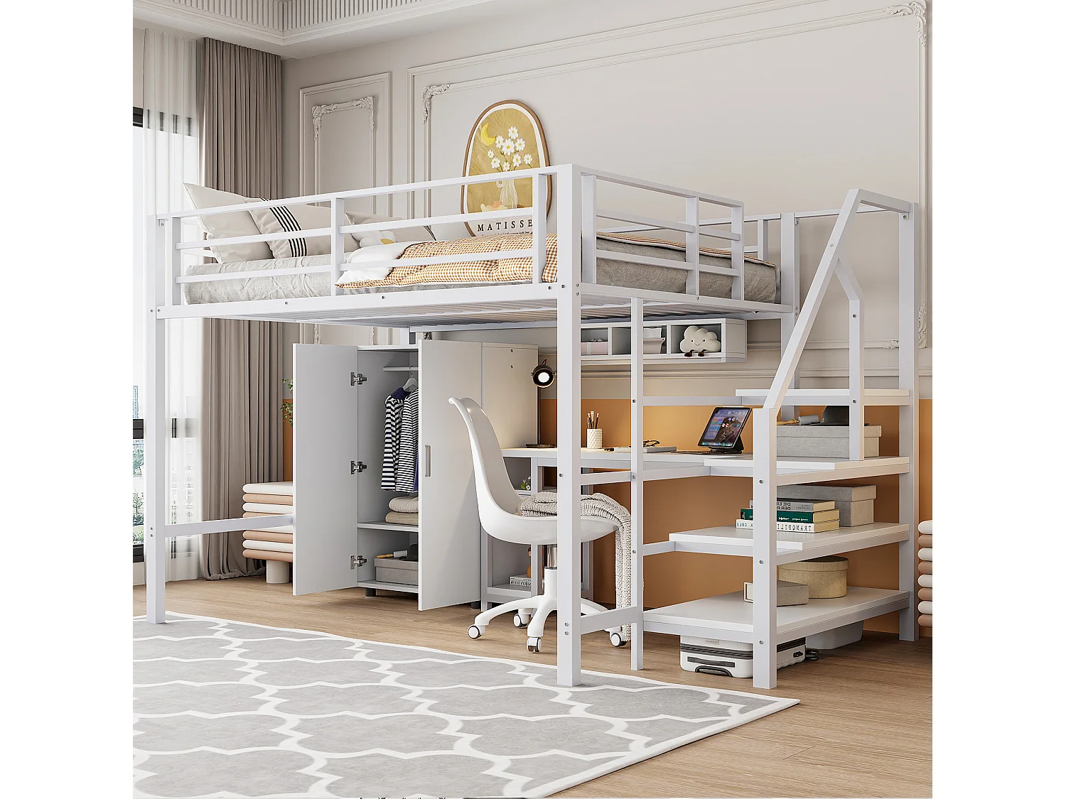 Lit mezzanine 140x200 cm en bois blanc, avec armoire, bureau, étagères et échelle latérale, sans matelas inclus