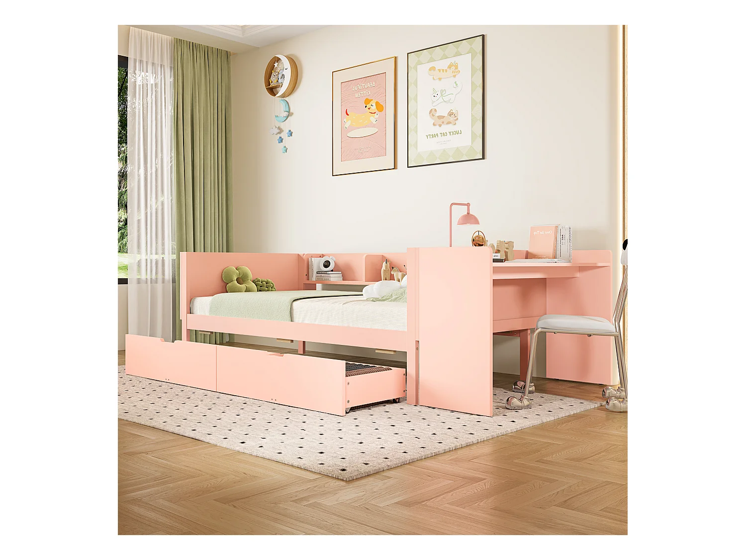 Lit en bois 90x200 cm avec bureau, 2 tiroirs et étagères, structure en pin et panneaux, sans matelas, rose