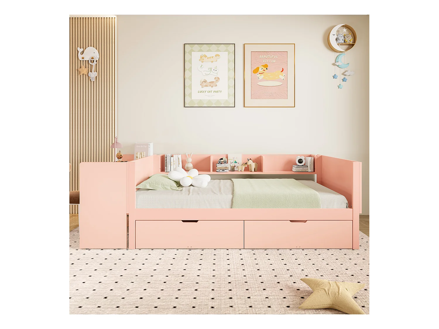 Lit en bois 90x200 cm avec bureau, 2 tiroirs et étagères, structure en pin et panneaux, sans matelas, rose