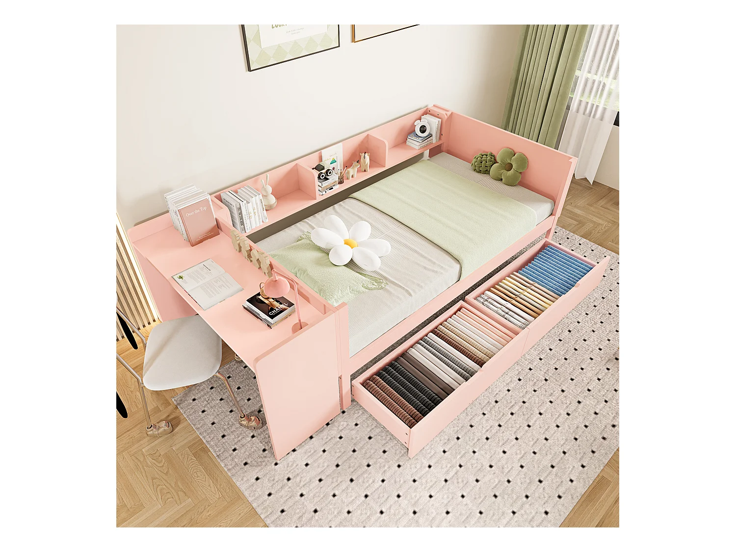 Lit en bois 90x200 cm avec bureau, 2 tiroirs et étagères, structure en pin et panneaux, sans matelas, rose