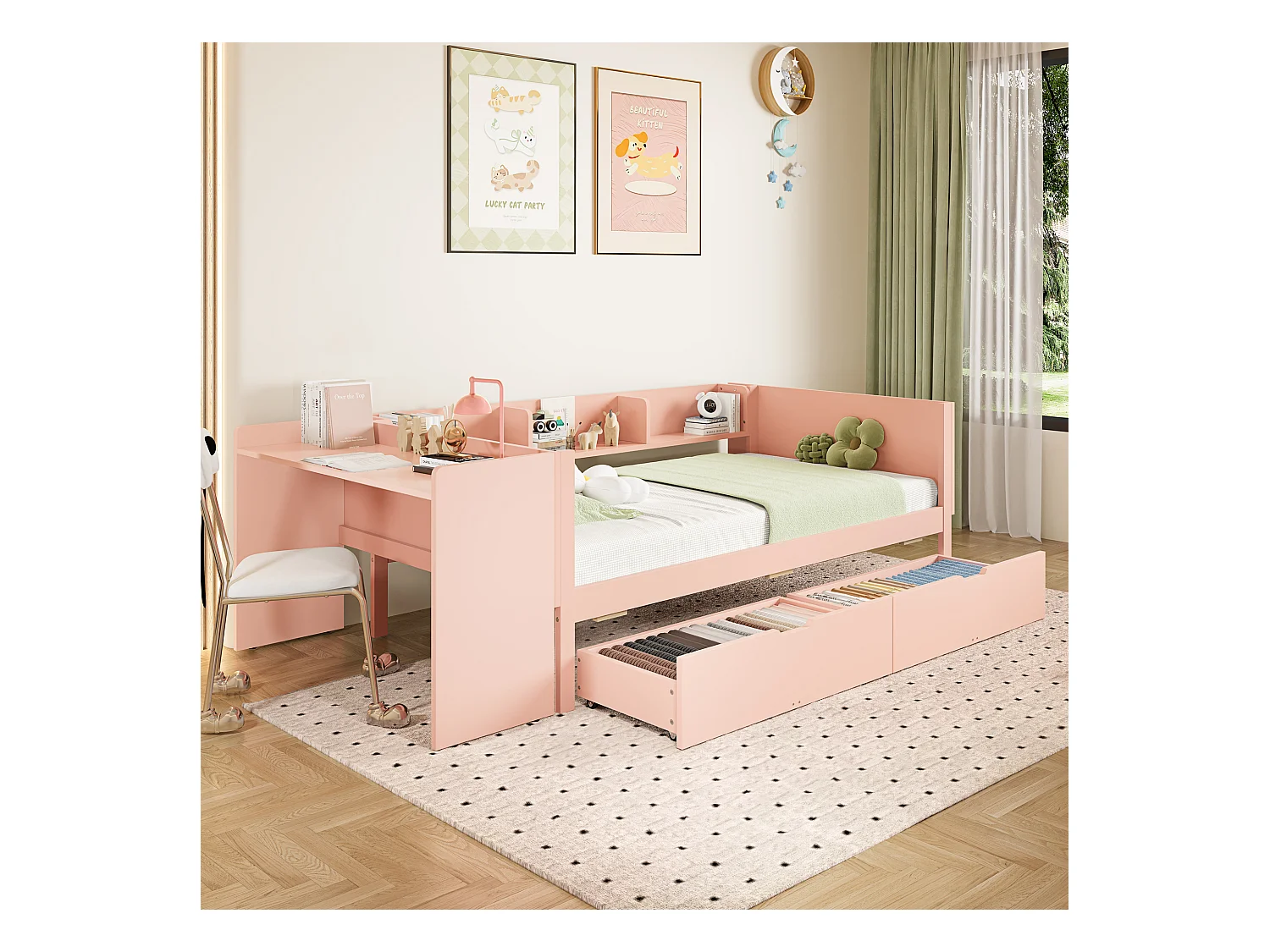 Lit en bois 90x200 cm avec bureau, 2 tiroirs et étagères, structure en pin et panneaux, sans matelas, rose