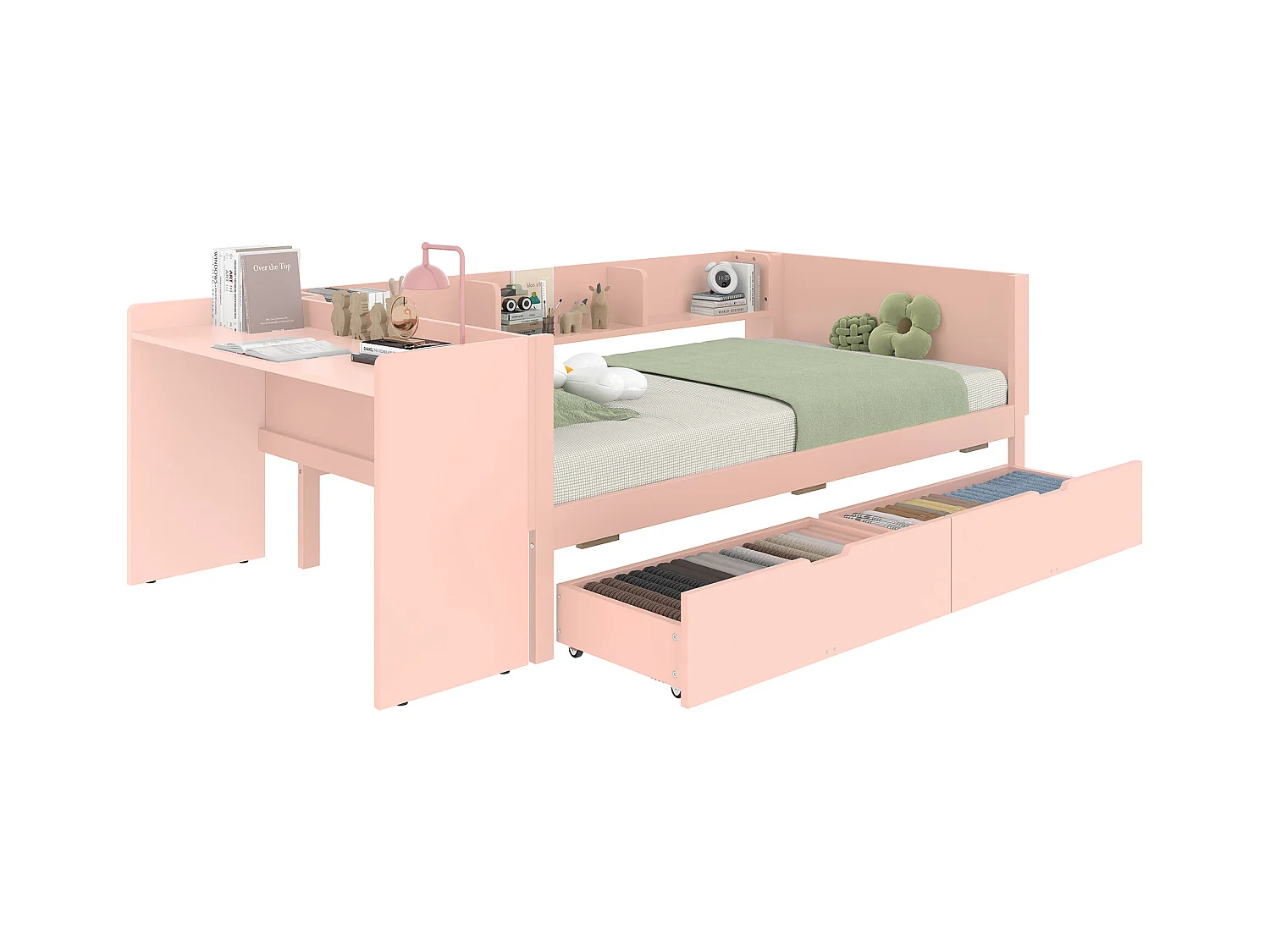 Lit en bois 90x200 cm avec bureau, 2 tiroirs et étagères, structure en pin et panneaux, sans matelas, rose