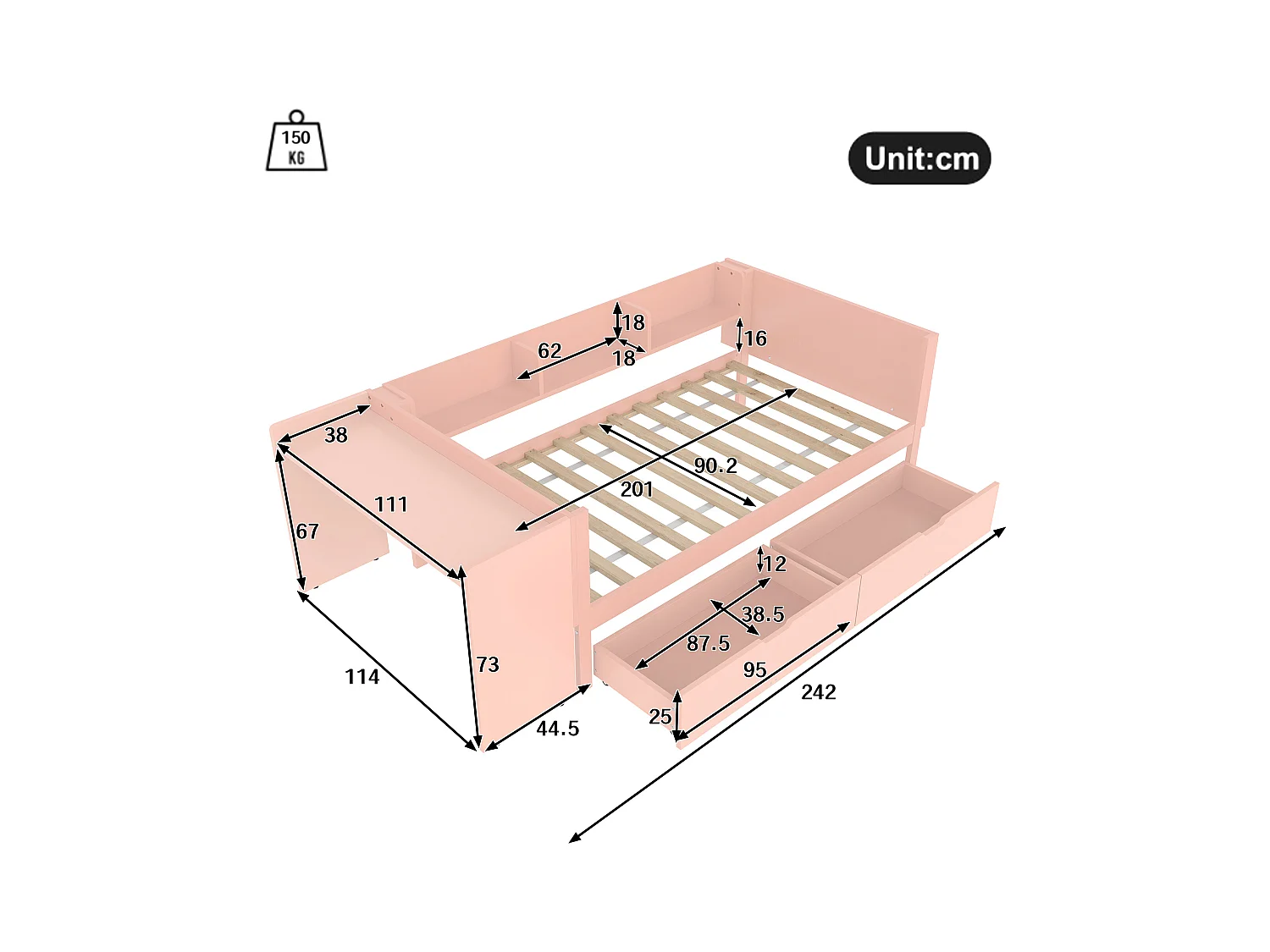 Lit en bois 90x200 cm avec bureau, 2 tiroirs et étagères, structure en pin et panneaux, sans matelas, rose