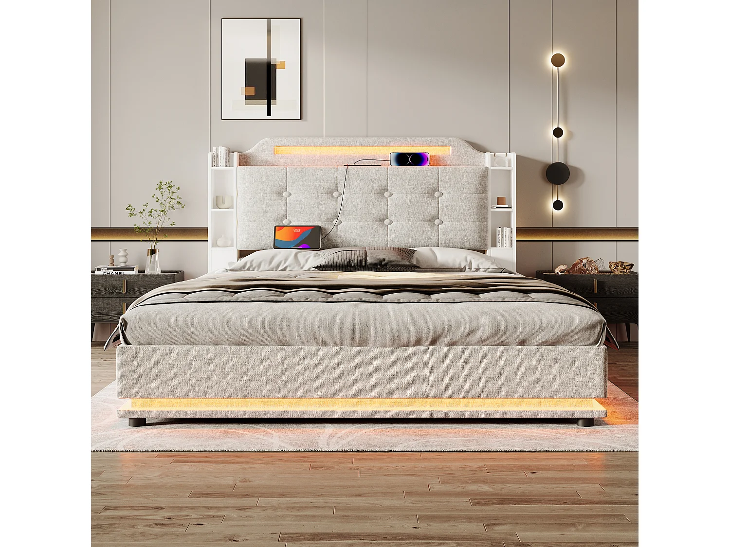 Lit rembourré 140x200 cm avec LED, rangement hydraulique, plusieurs compartiments, sans matelas, USB + Type-C, lin, Beige