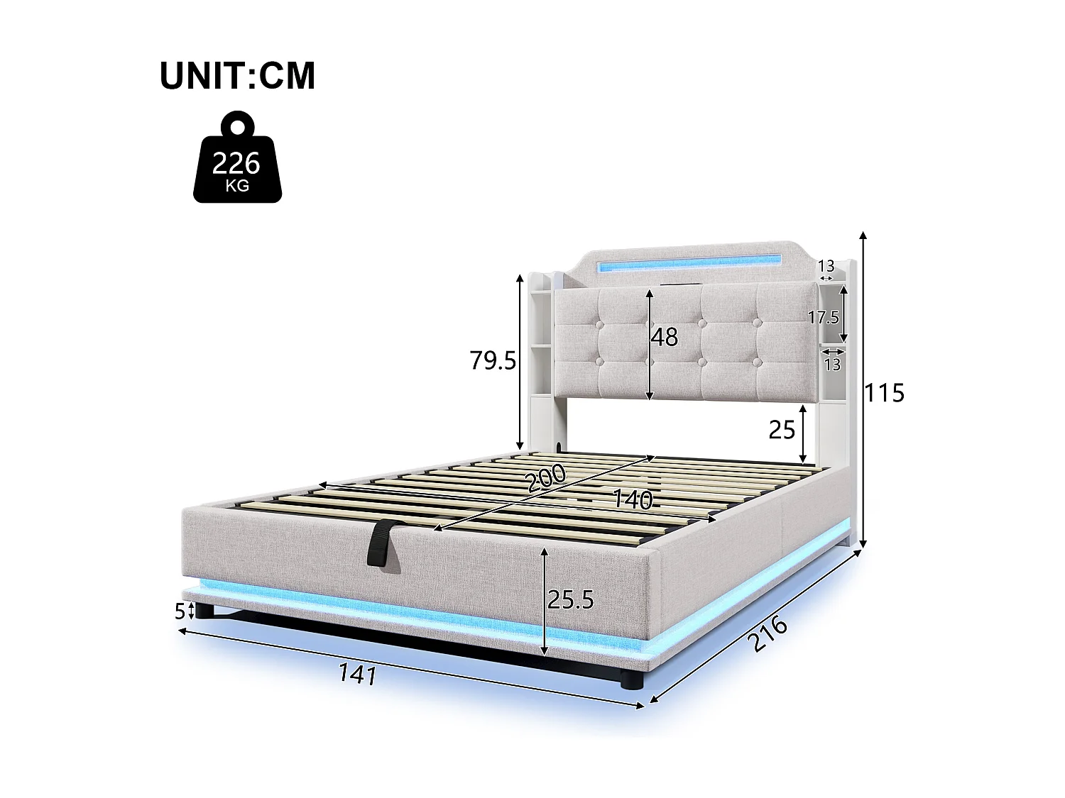 Lit rembourré 140x200 cm avec LED, rangement hydraulique, plusieurs compartiments, sans matelas, USB + Type-C, lin, Beige