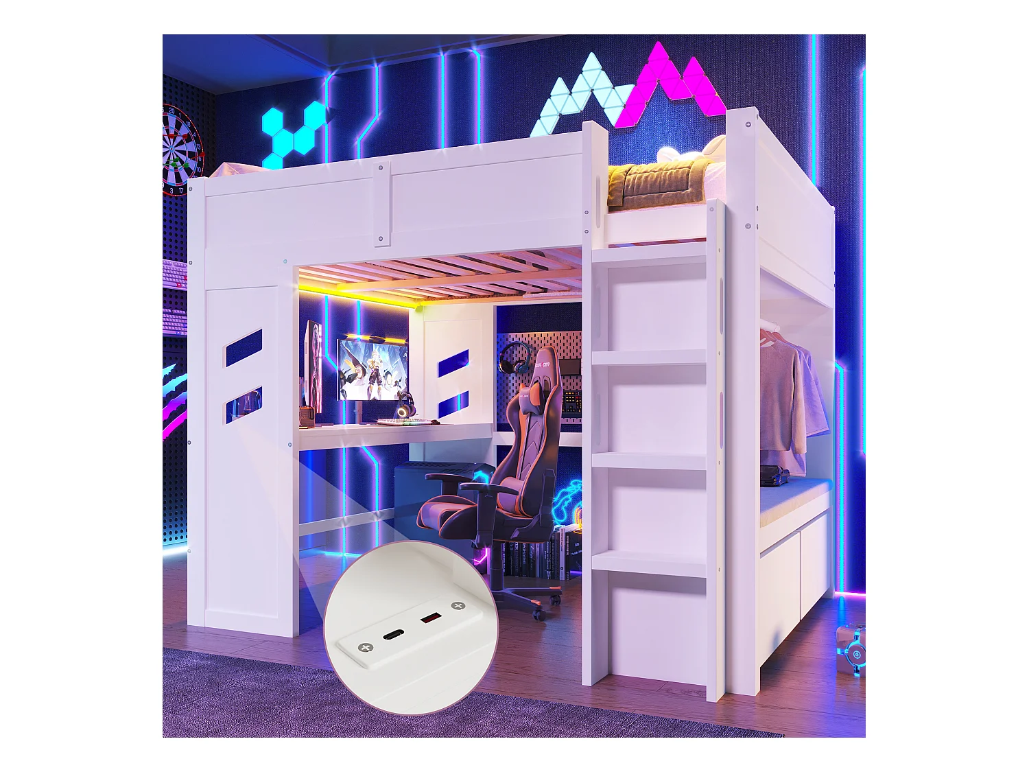 Lit mezzanine 140x200 cm avec bureau, LED, 1 USB, 1 Type-C, échelle, tiroir, étagère à linge, sans matelas, Blanc