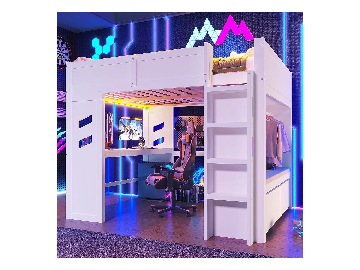 Lit mezzanine 140x200 cm avec bureau, LED, 1 USB, 1 Type-C, échelle, tiroir, étagère à linge, sans matelas, Blanc