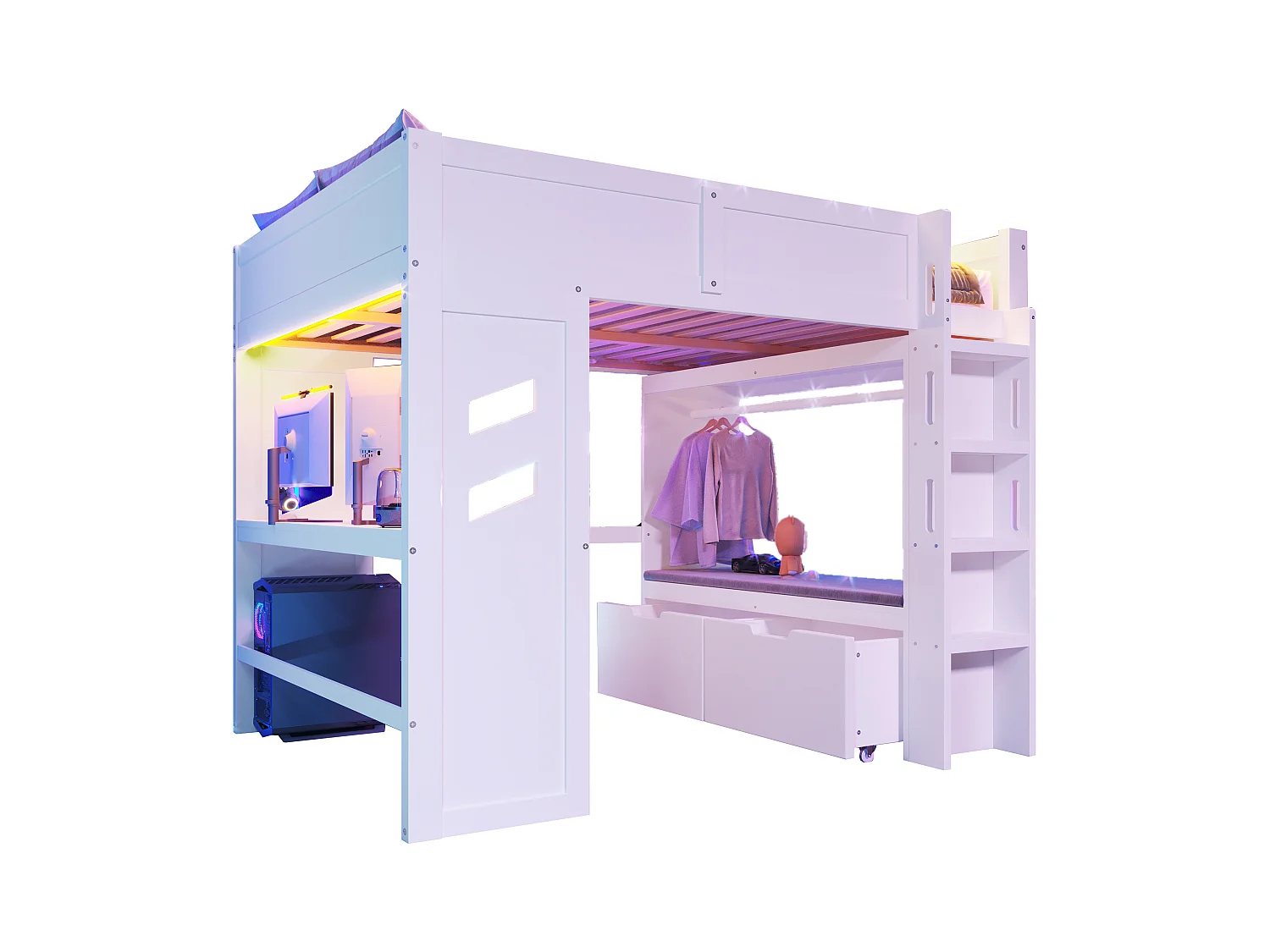 Lit mezzanine 140x200 cm avec bureau, LED, 1 USB, 1 Type-C, échelle, tiroir, étagère à linge, sans matelas, Blanc