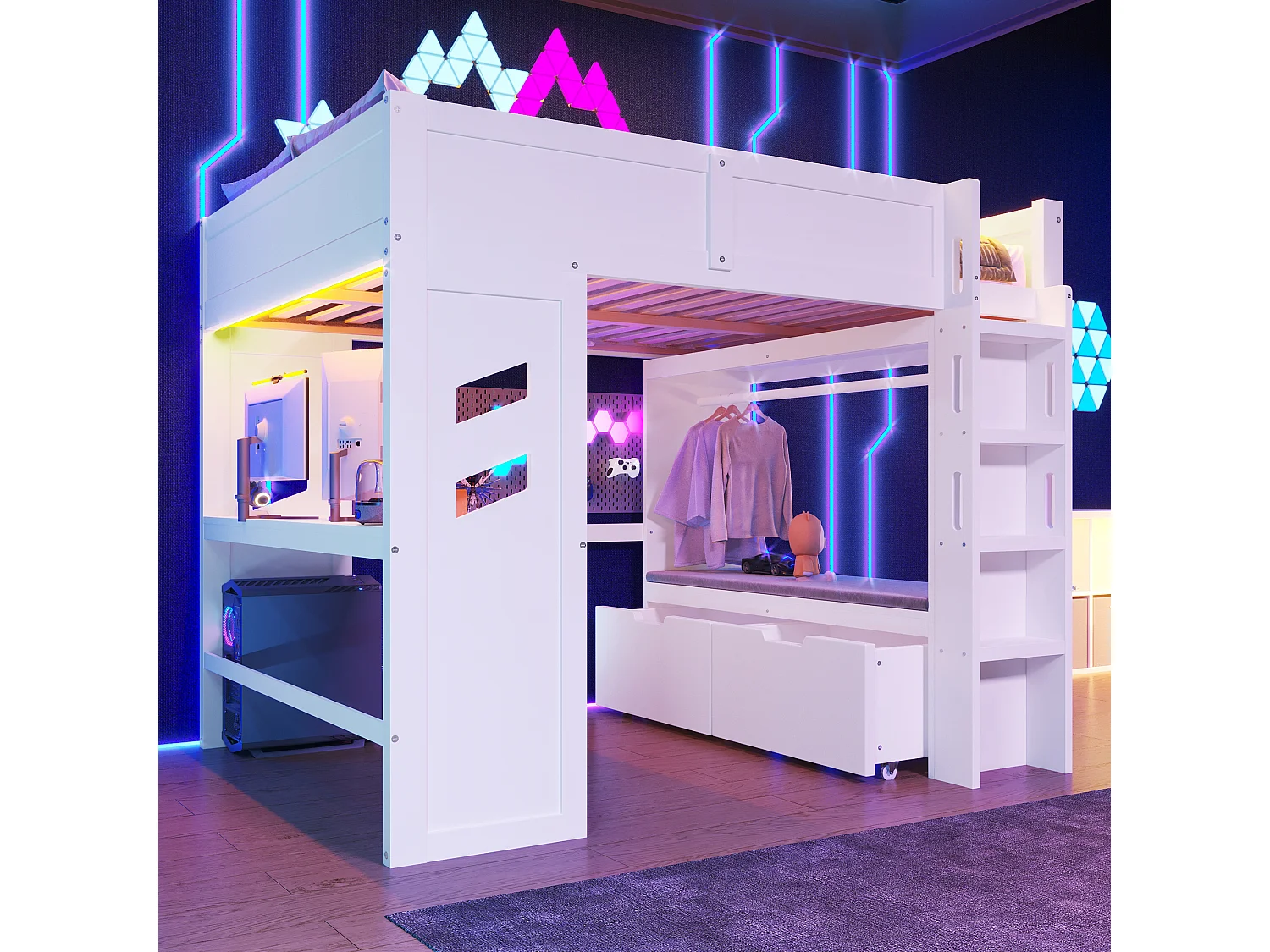 Lit mezzanine 140x200 cm avec bureau, LED, 1 USB, 1 Type-C, échelle, tiroir, étagère à linge, sans matelas, Blanc