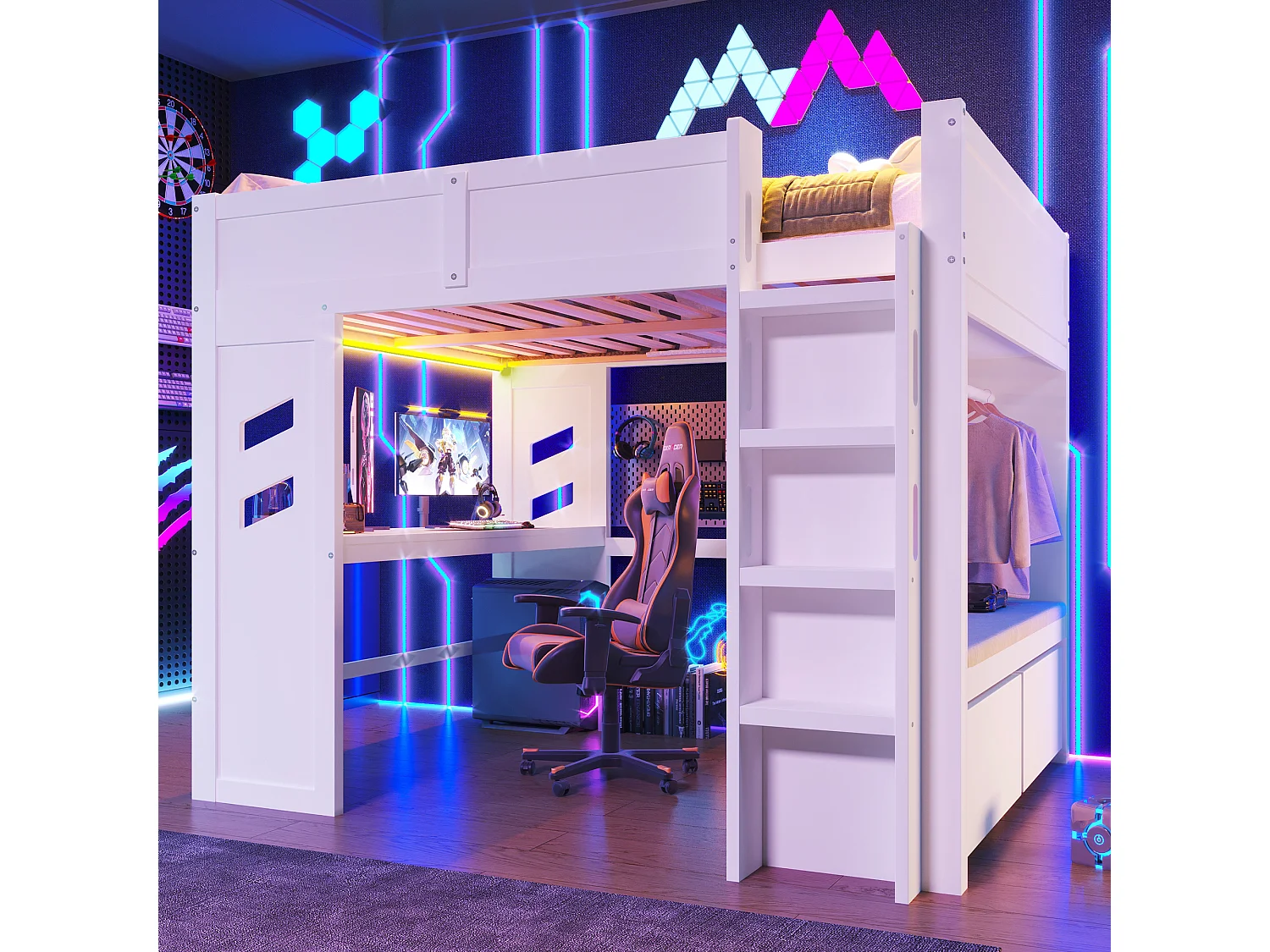 Lit mezzanine 140x200 cm avec bureau, LED, 1 USB, 1 Type-C, échelle, tiroir, étagère à linge, sans matelas, Blanc