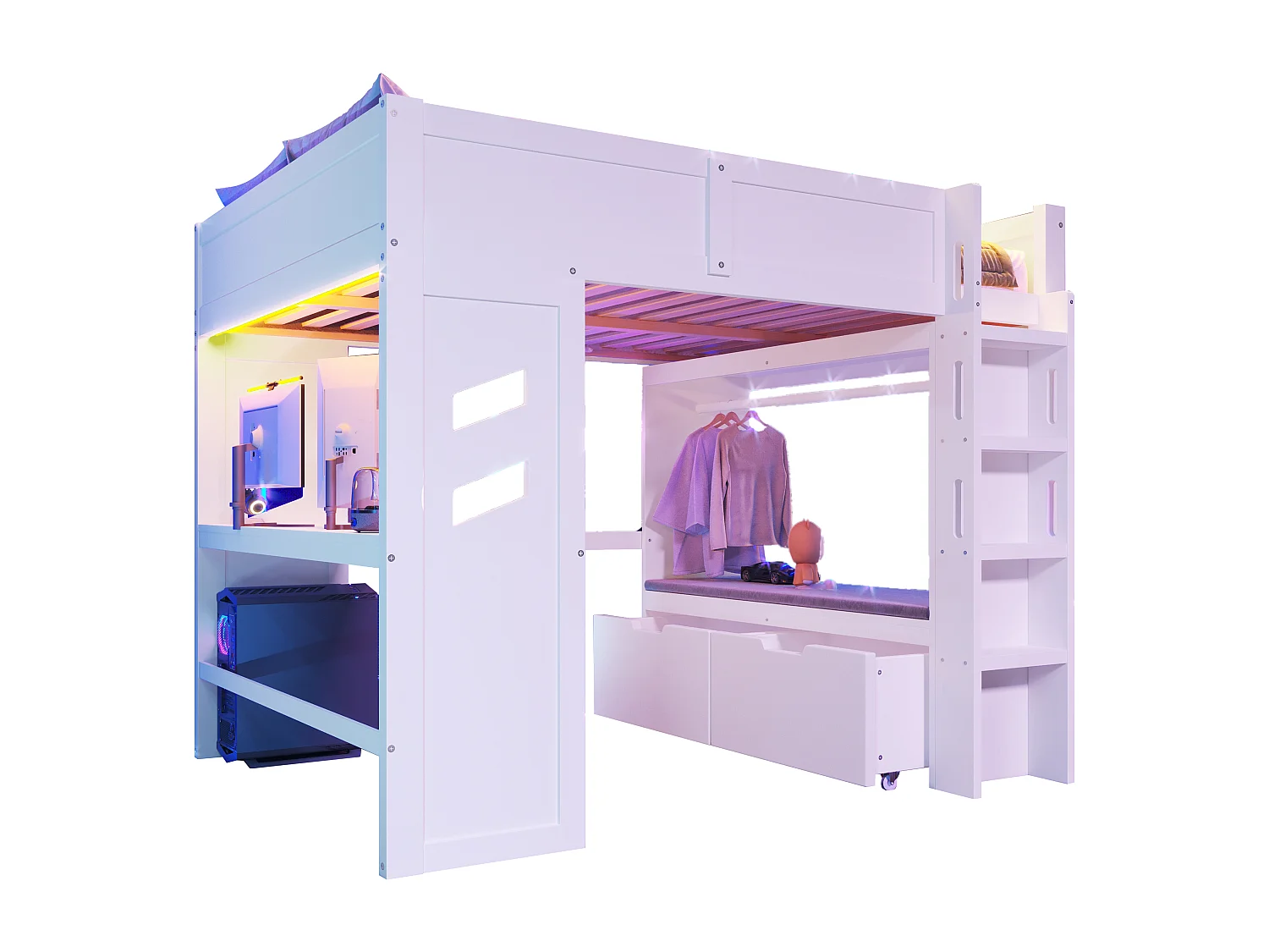 Lit mezzanine 140x200 cm avec bureau, LED, 1 USB, 1 Type-C, échelle, tiroir, étagère à linge, sans matelas, Blanc