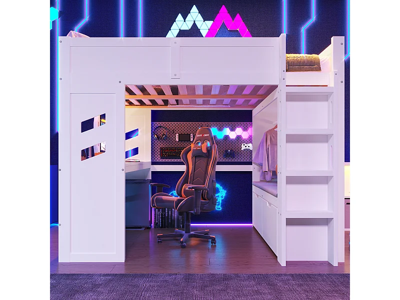 Lit mezzanine 140x200 cm avec bureau, LED, 1 USB, 1 Type-C, échelle, tiroir, étagère à linge, sans matelas, Blanc