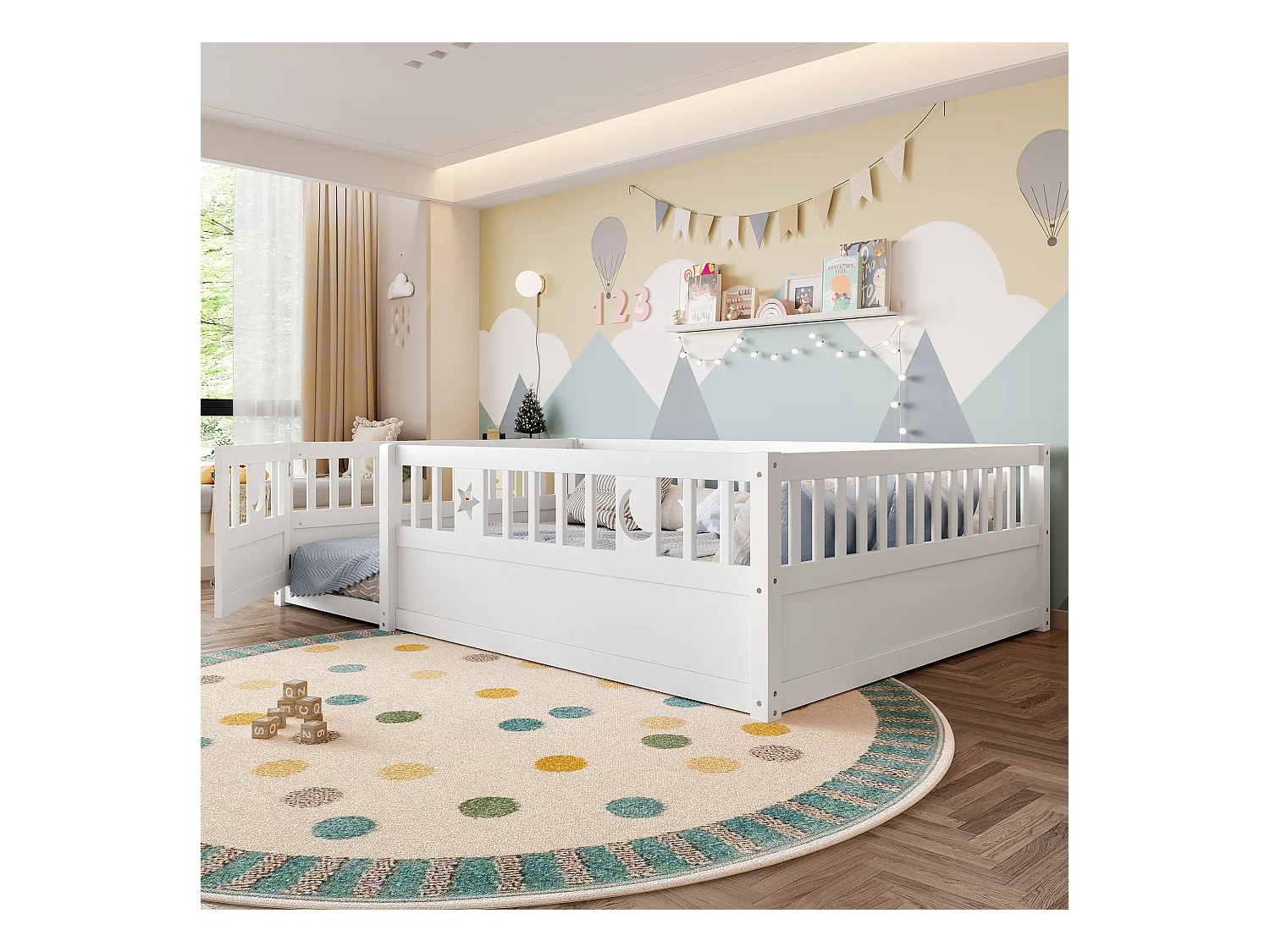 Lit enfant 140x190 cm avec barreaux, décor étoile et lune, sans sommier, sans matelas, style minimaliste, Blanc