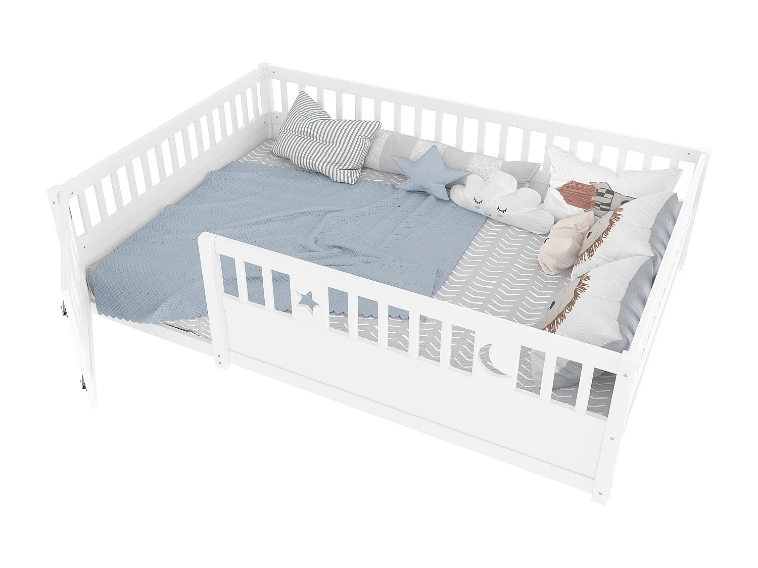 Lit enfant 140x190 cm avec barreaux, décor étoile et lune, sans sommier, sans matelas, style minimaliste, Blanc