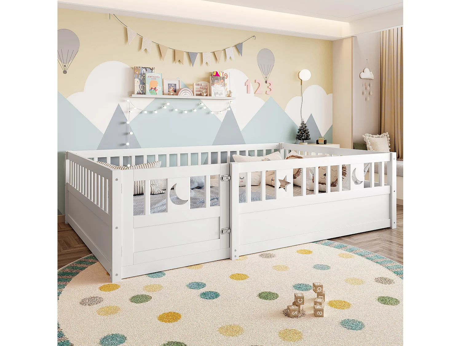Lit enfant 140x190 cm avec barreaux, décor étoile et lune, sans sommier, sans matelas, style minimaliste, Blanc