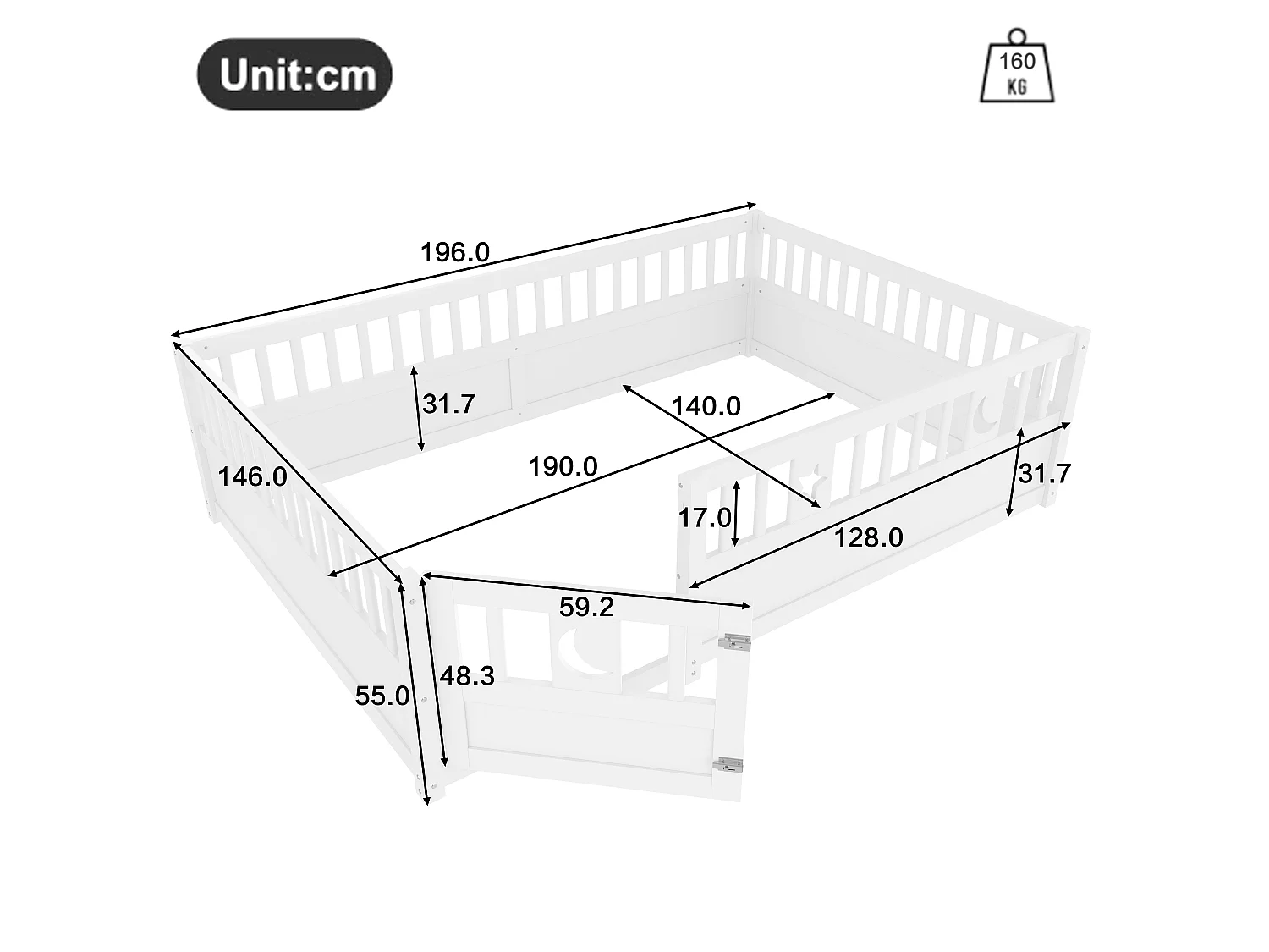 Lit enfant 140x190 cm avec barreaux, décor étoile et lune, sans sommier, sans matelas, style minimaliste, Blanc