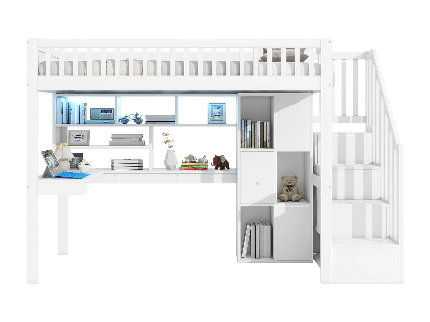 Lit mezzanine 90x200 cm en bois blanc, avec LED, bureau, étagères, rangements ouverts et échelle intégrée