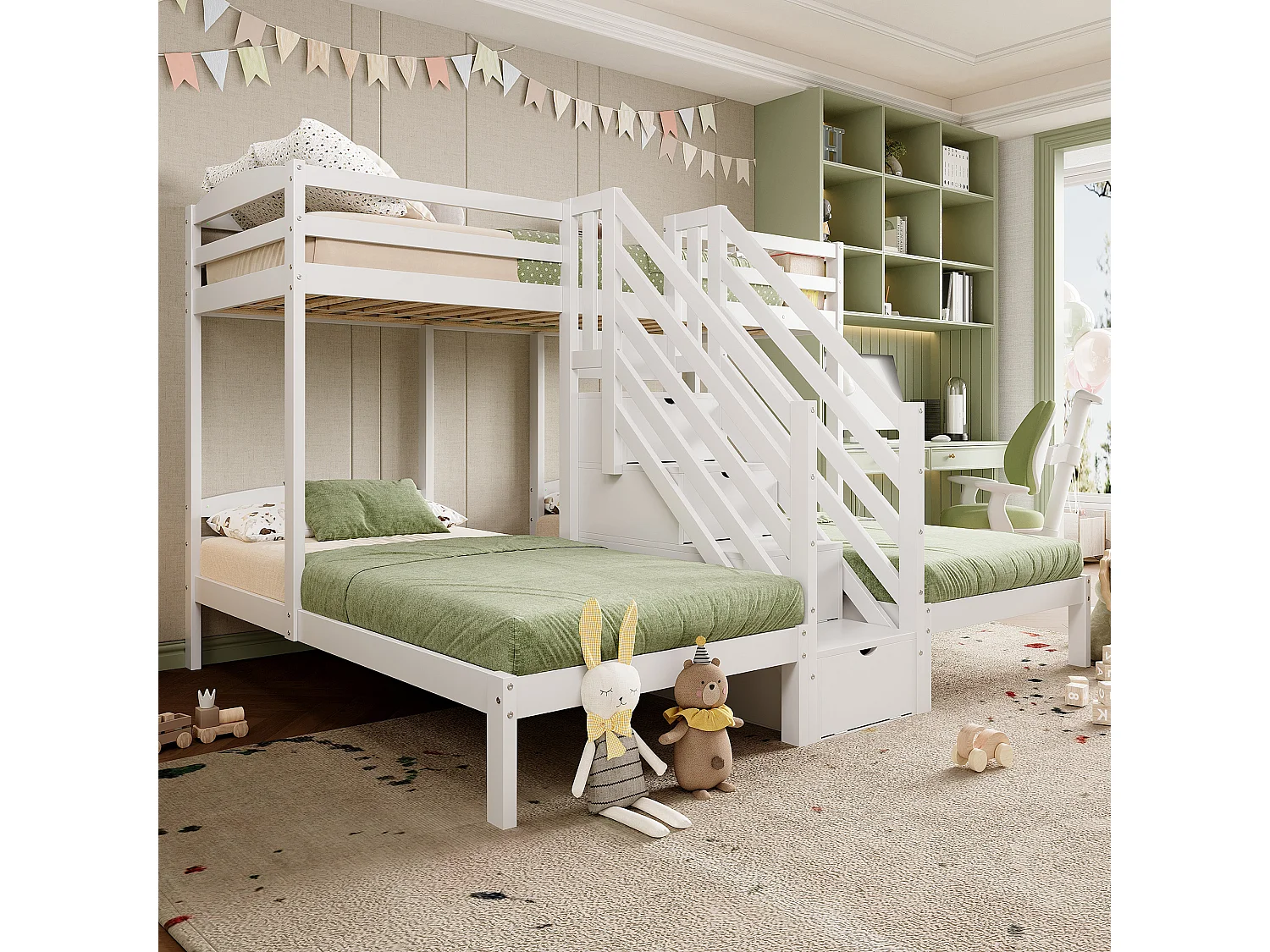 Lit mezzanine 90x200 cm, 3 lits, bois de pin, échelle avec tiroirs, rambarde, certifié EN747, sans matelas, Blanc