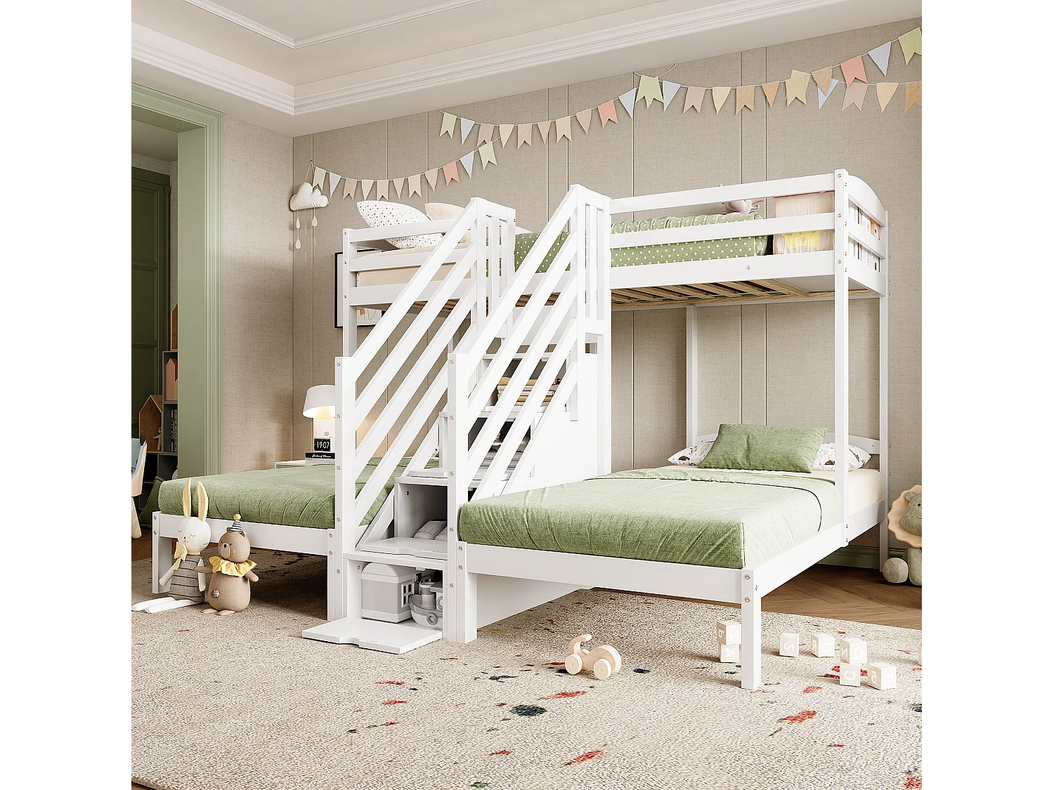 Lit mezzanine 90x200 cm, 3 lits, bois de pin, échelle avec tiroirs, rambarde, certifié EN747, sans matelas, Blanc