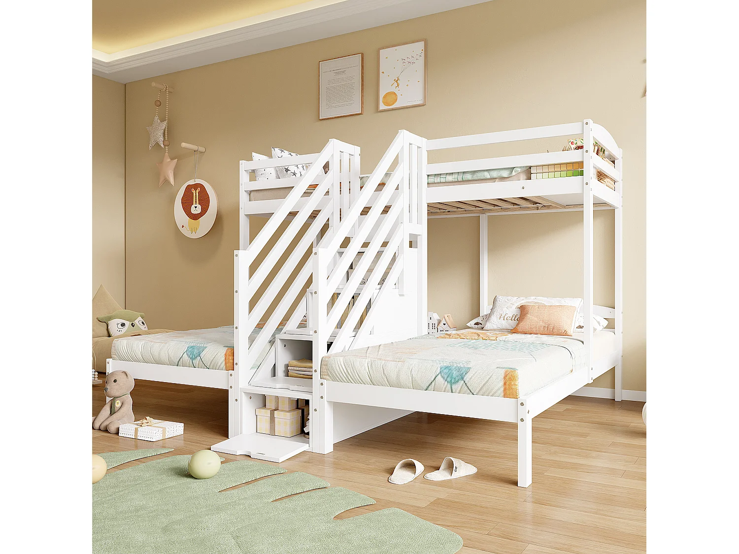 Lit mezzanine 90x200 cm, 3 lits, bois de pin, échelle avec tiroirs, rambarde, certifié EN747, sans matelas, Blanc